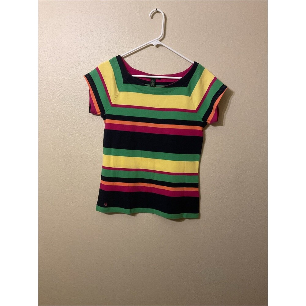 Y2K Retro Rasta Lauren Ralph Lauren Striped Cap Sleeve Ribbed Knit Top L
